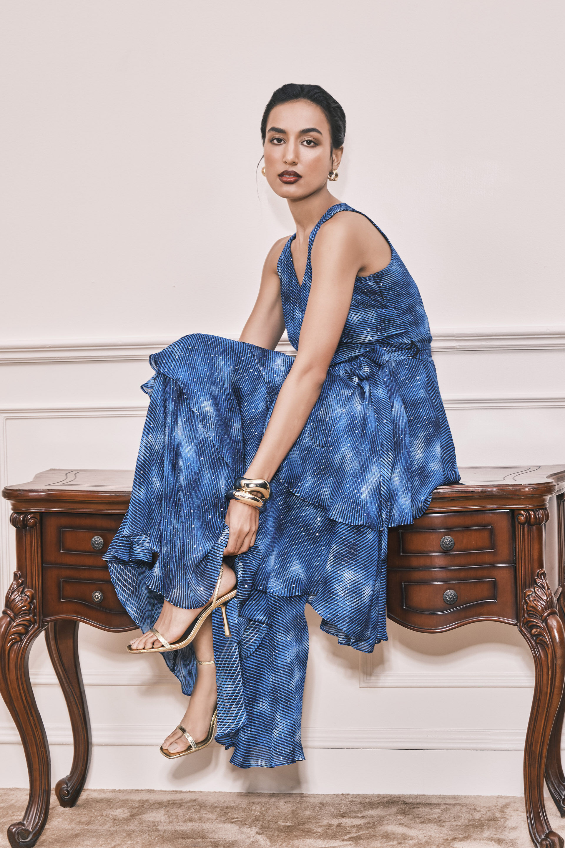 Belize Falls Wrap Georgette Dress, Blue, image 3